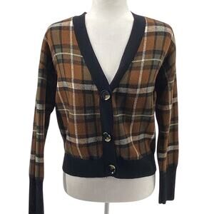 Marled Medium Plaid Button Cardigan Brown Black V-Neck Long Sleeve Soft Stretch
